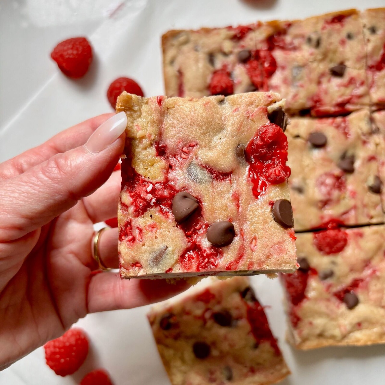 Fudgy Dark Chocolate Raspberry Blondies