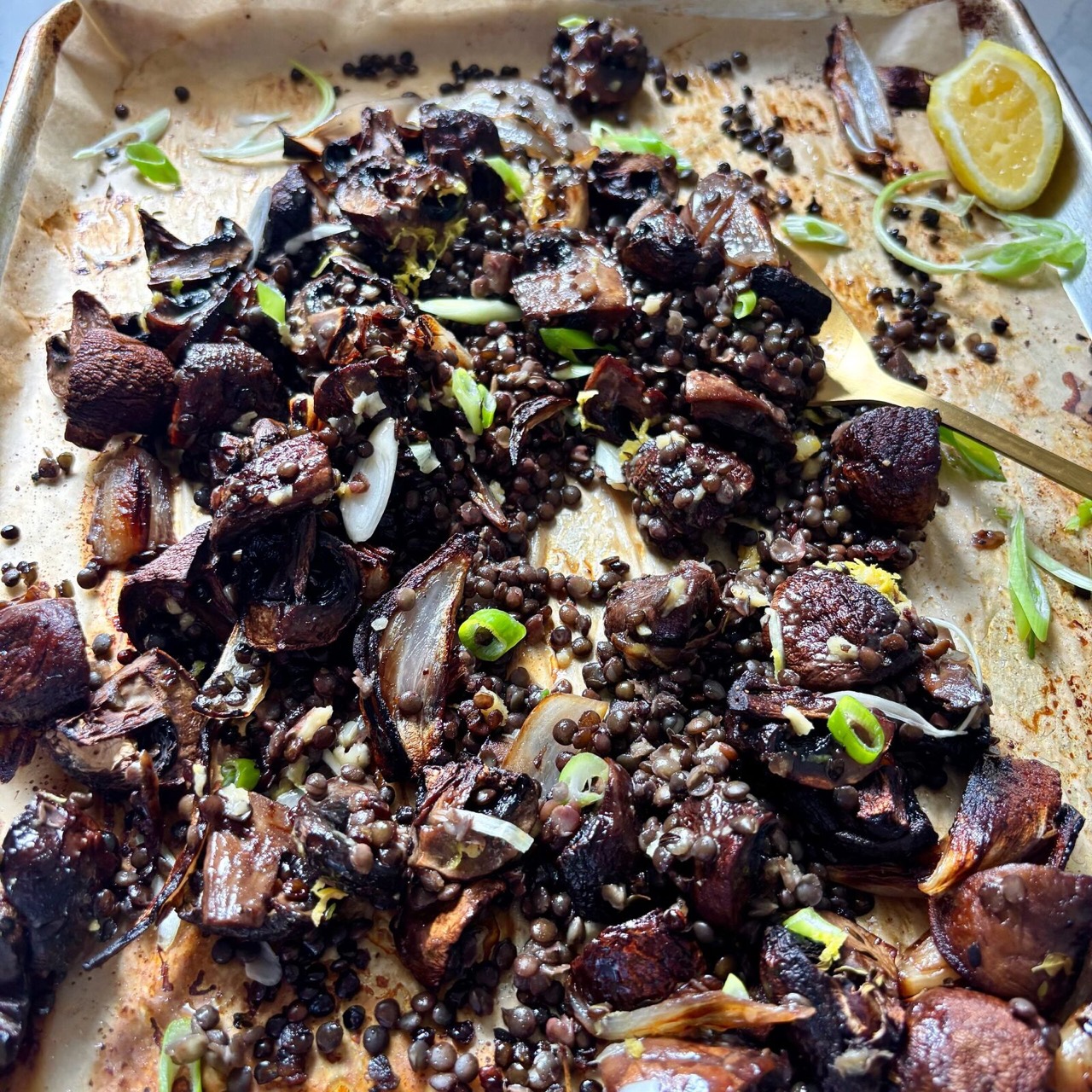 Miso Butter Mushrooms with Crispy Lentils